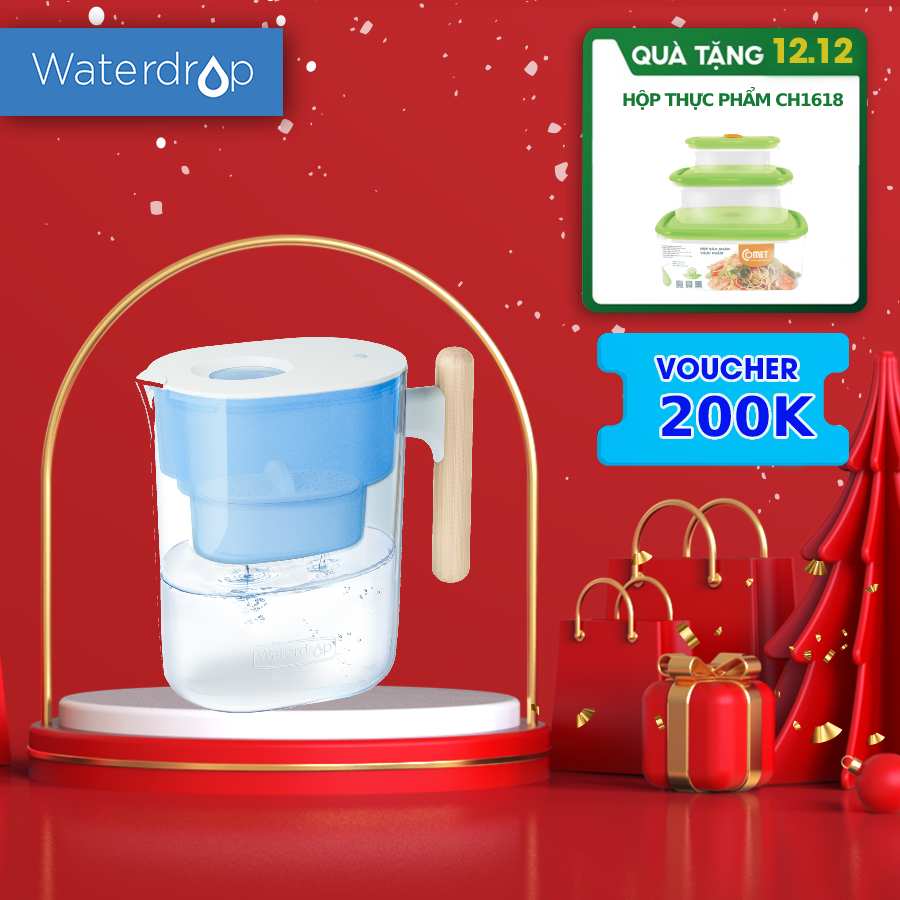 Bình lọc nước 4.4L WD-PT-04B Waterdrop Chubby Pitcher có tay cầm bằng gỗ