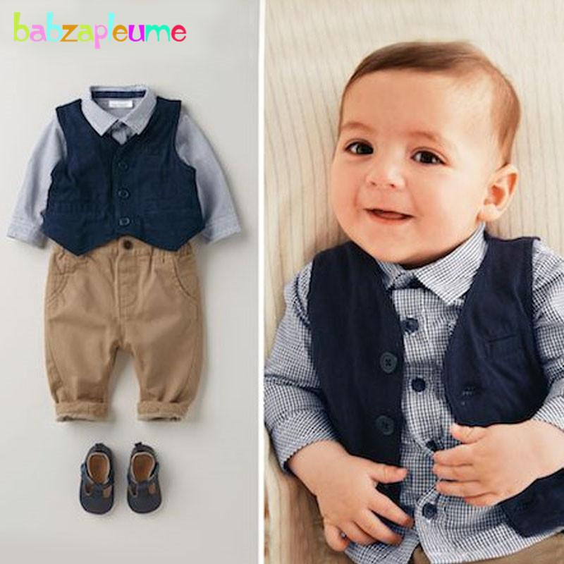 3 CÁI/0-18Months/2017 Mùa Xuân Mùa Thu Sơ Sinh Bé Trai Quần Áo Quý Ông Phù Hợp Với Vest + Plaid T-shirt + quần Trẻ Sơ Sinh Bộ Quần Áo BC1060