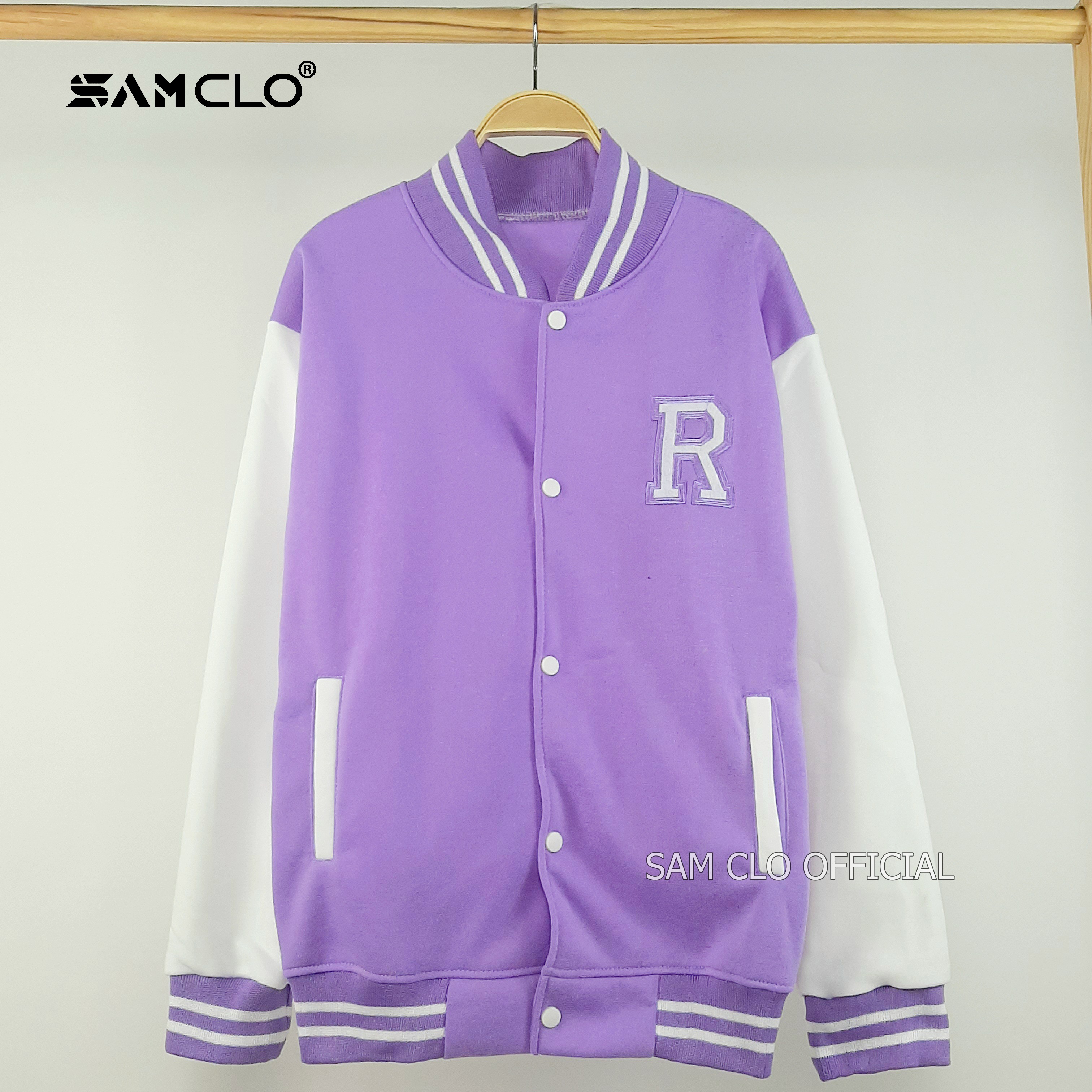 ÁO KHOÁC BOMBER nữ SAM CLO chất nỉ phong cách bóng chày cài nút form rộng unisex mặc cặp - couple LOGO thêu chữ R