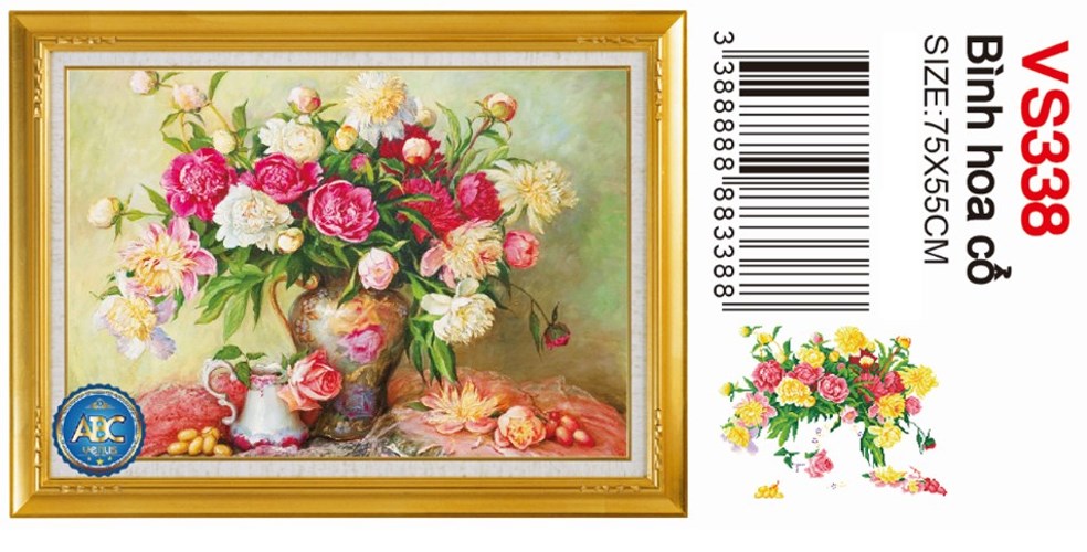 Tranh đính đá bình hoa cổ VS338 - 75 x 55 cm - chưa đính