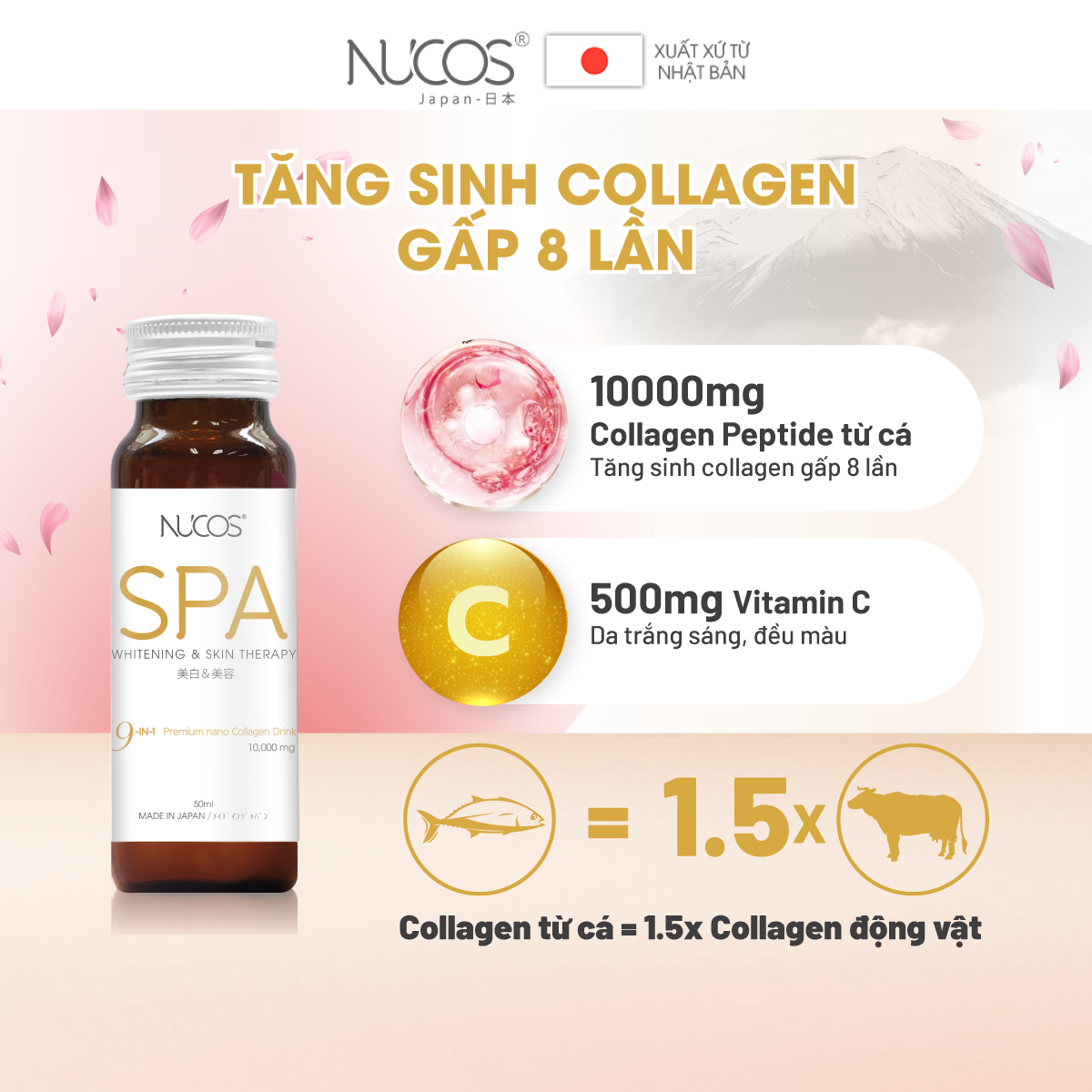 Combo 2 Hộp Collagen uống thủy phân hỗ trợ căng bóng da Nucos Spa 10000​ 10 chai x 50ml
