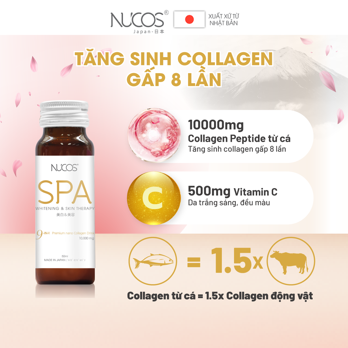 Combo 5 hộp Collagen uống thủy phân hỗ trợ căng bóng da Nucos Spa 10000​ 10 chai x 50ml