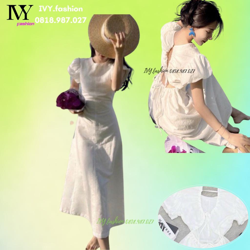 Đầm váy maxi lưng dây rút linen full lót lụa tay phồng hở lưng cổ tròn midi trắng đi biển dự tiệc cao cấp size S M L
