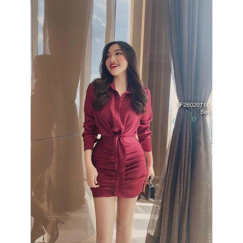 Set bộ sáo sơ mi cài nút sang trọng kèm chân váy chất lụa satin đẹp