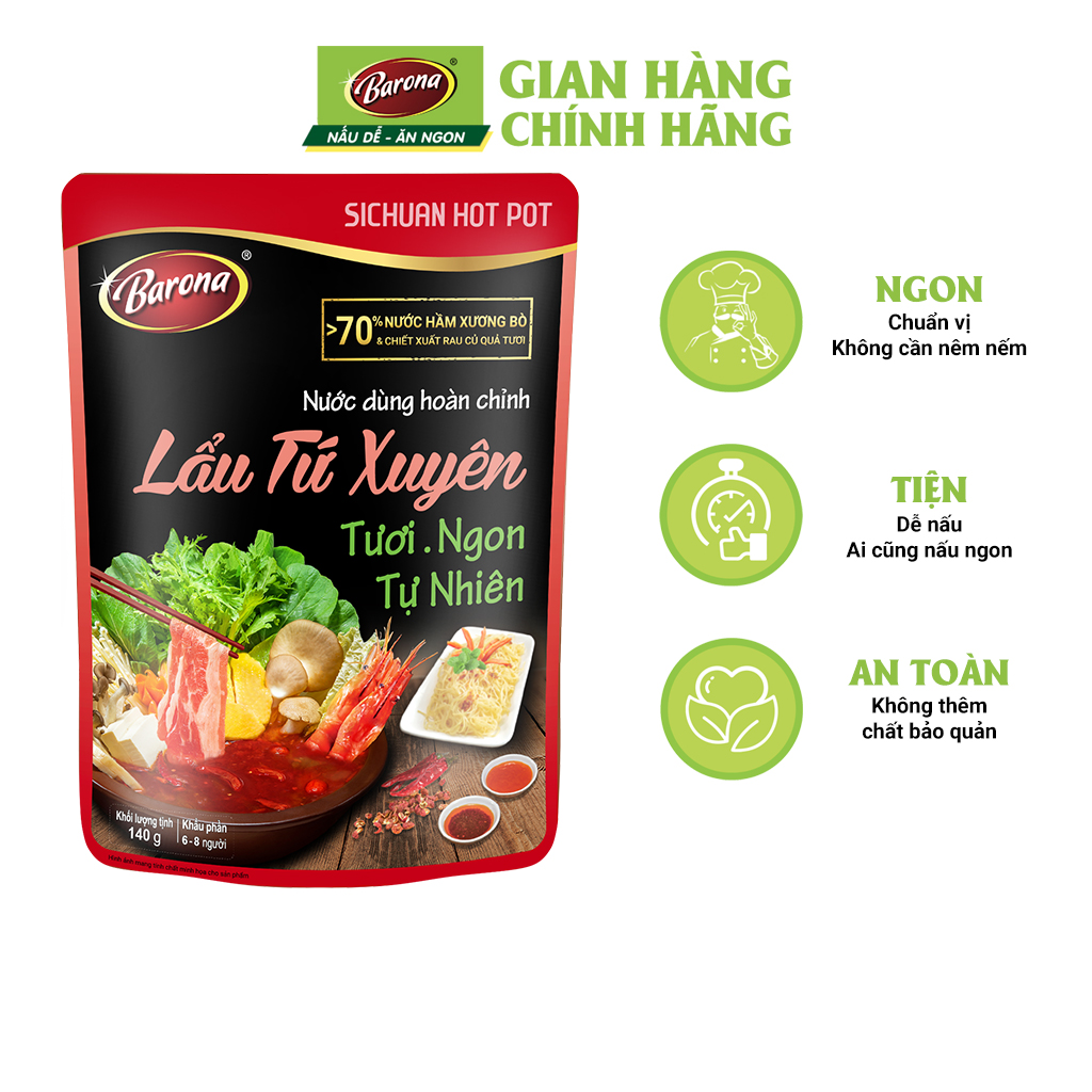 Combo 3 gói Nước dùng Lẩu Tứ Xuyên Barona 140g tươi ngon chuẩn vị không cần nêm nếm