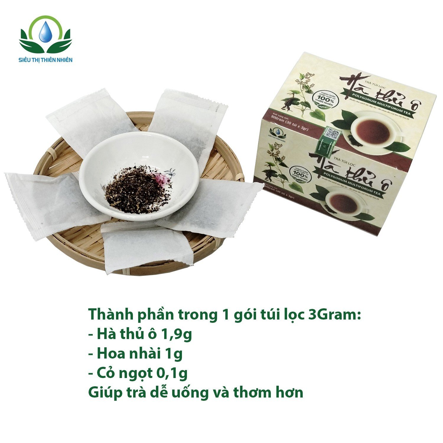 Trà Hà Thủ Ô hộp 30 Túi Lọc x 3Gram giúp bồi bổ thận, kích thích mọc tóc, tóc đen mượt của Siêu Thị Thiên Nhiên