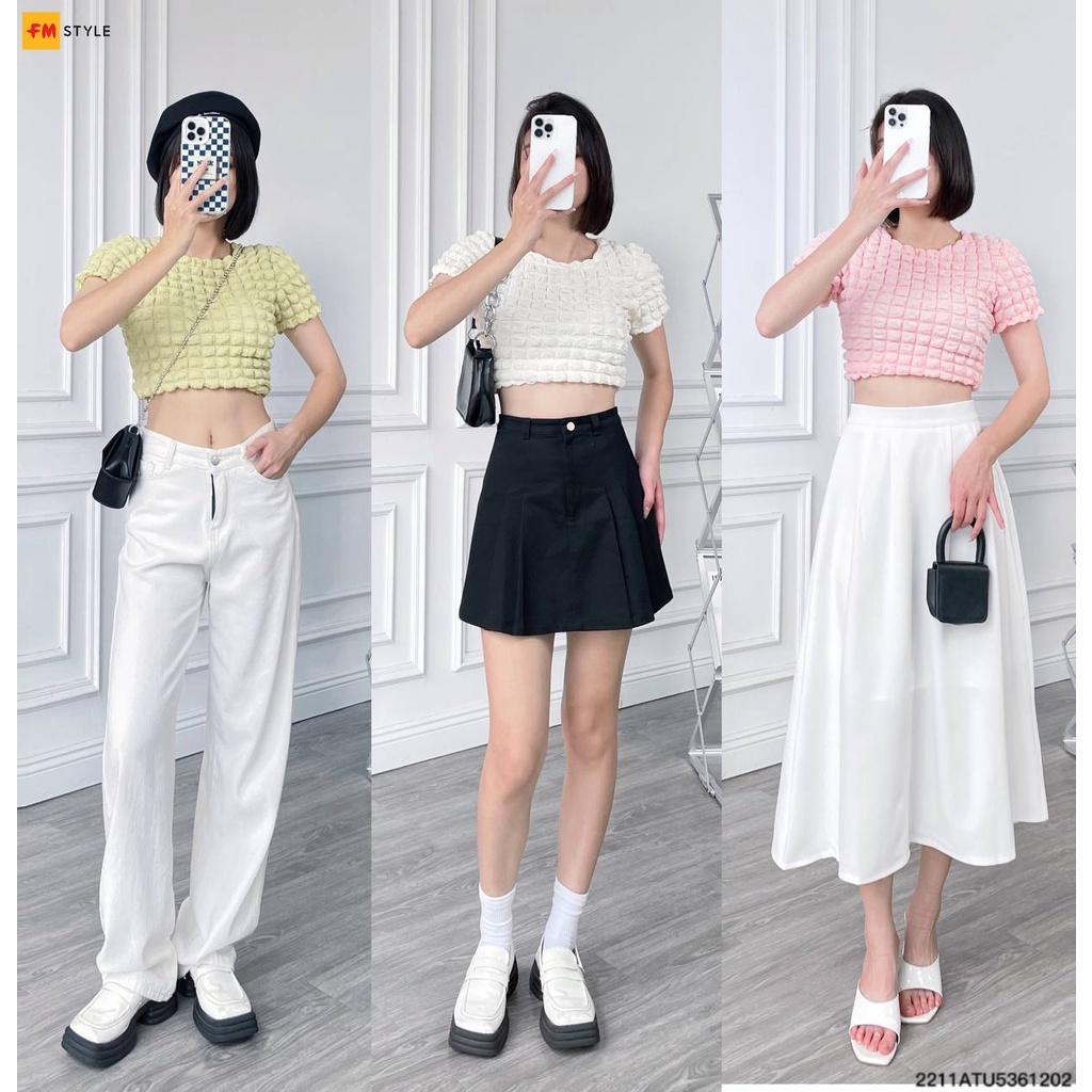 Áo croptop thun xốp Fm Style cổ tròn tay ngắn vải xốp phồng mềm nhiều màu sắc thời trang ulzzang 22110084