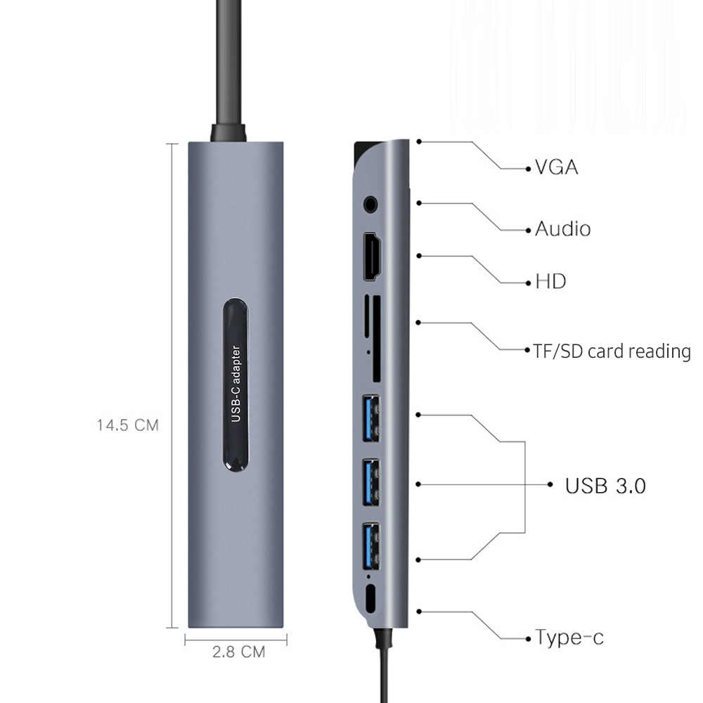 9 trong 1 Đa chức năng Type-C sang HD Hub PD Charge / HD (4K @ 30Hz) / VGA (1080P) / USB3.0 / SD TF Card Reader / 3.5mm Audio