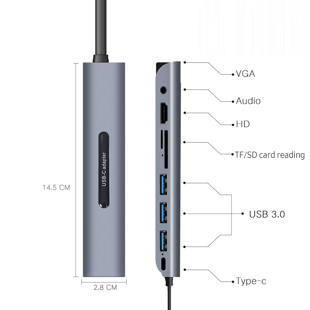 9 trong 1 Đa chức năng Type-C sang HD Hub PD Charge / HD / VGA / USB3.0 / SD TF Card Reader / 3.5mm Audio