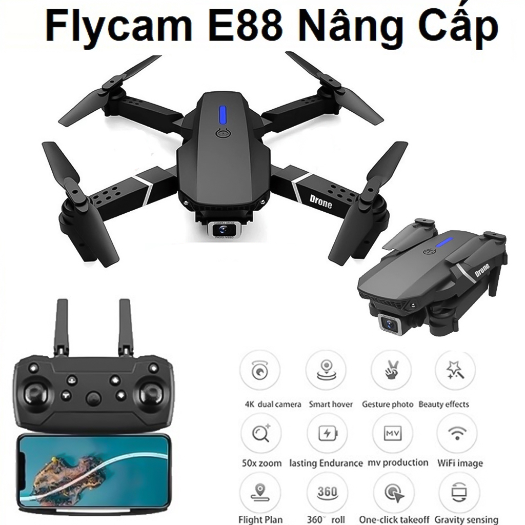 Flycam E88 máy bay điều khiển từ xa camera kép Quadcopter UAV Với Bản Nâng Cấp 720P / 1080P / 4K HD FPV GPS WiFi - Hàng Chính Hãng