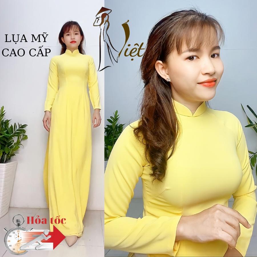 Áo dài màu vàng may sẵn truyền thống lụa mỹ đẹp