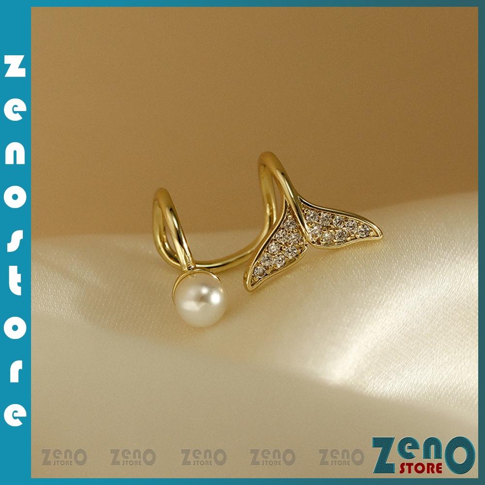 Bông tai kẹp ZenO mạ vàng đính đá, khuyên tai đuôi cá không cần đục lỗ tai
