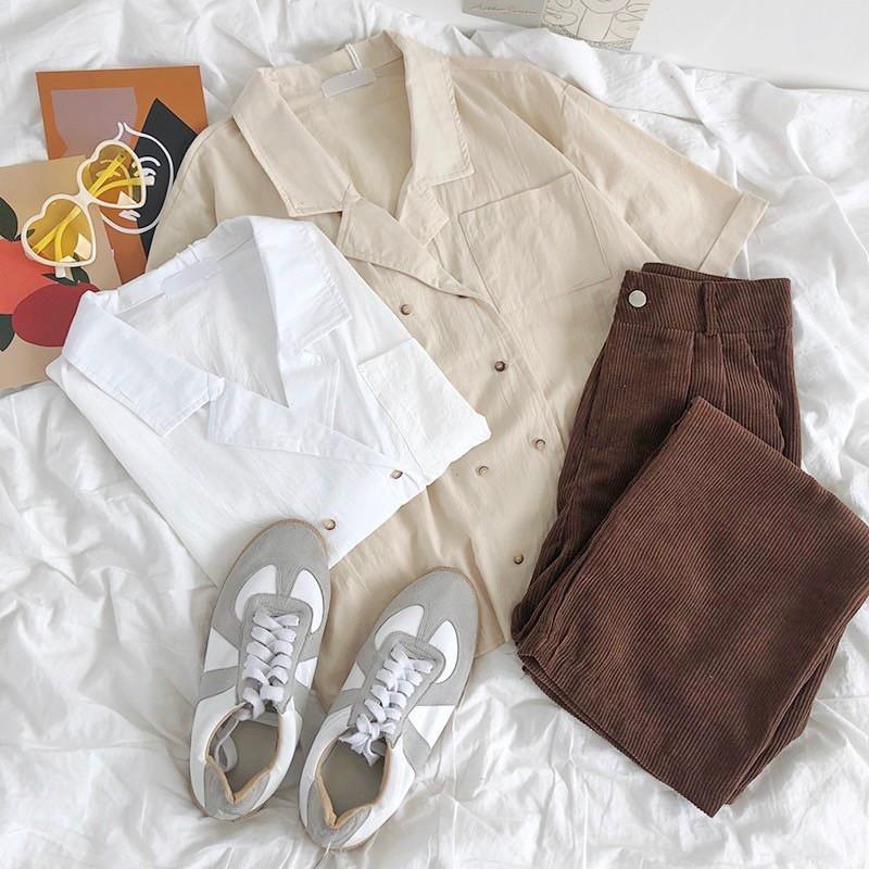 Áo sơ mi cổ vest hai hàng cúc chất thô đũi phong cách vintage