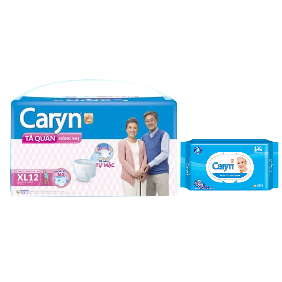 Tã Quần Caryn Loại Mỏng Nhẹ XL12 - Tặng 1 Khăn Ướt Caryn