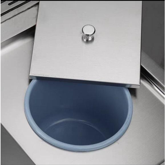 Chậu rửa chén 2 ngăn, màu trắng mờ bằng inox sus 304 kèm kệ dao thớt và hố đựng rác