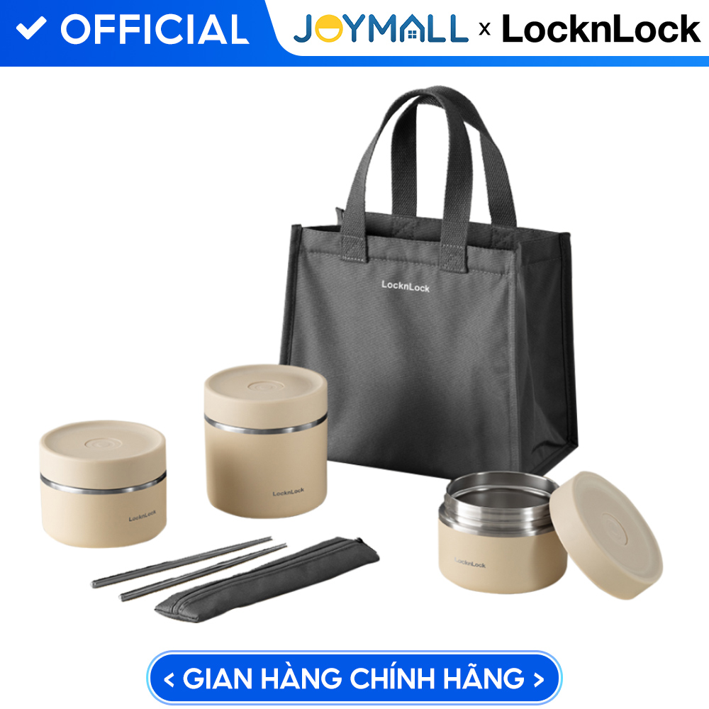 Bộ hộp cơm giữ nhiệt LocknLock Lunch Box LHC8052S02, Hàng chính hãng, 3 hộp giữ nhiệt, kèm túi và bộ muỗng đũa