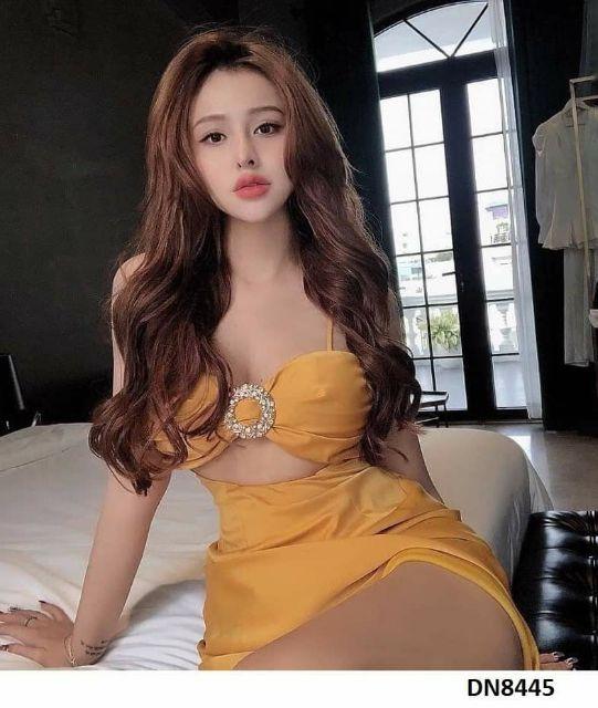 Đầm lụa 2 dây hở eo đính đá sexy