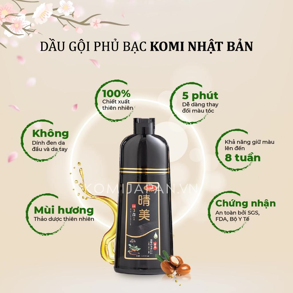 Dầu gội phủ bạc Komi Nhật Bản nhuộm tóc thảo dược chai 500ml