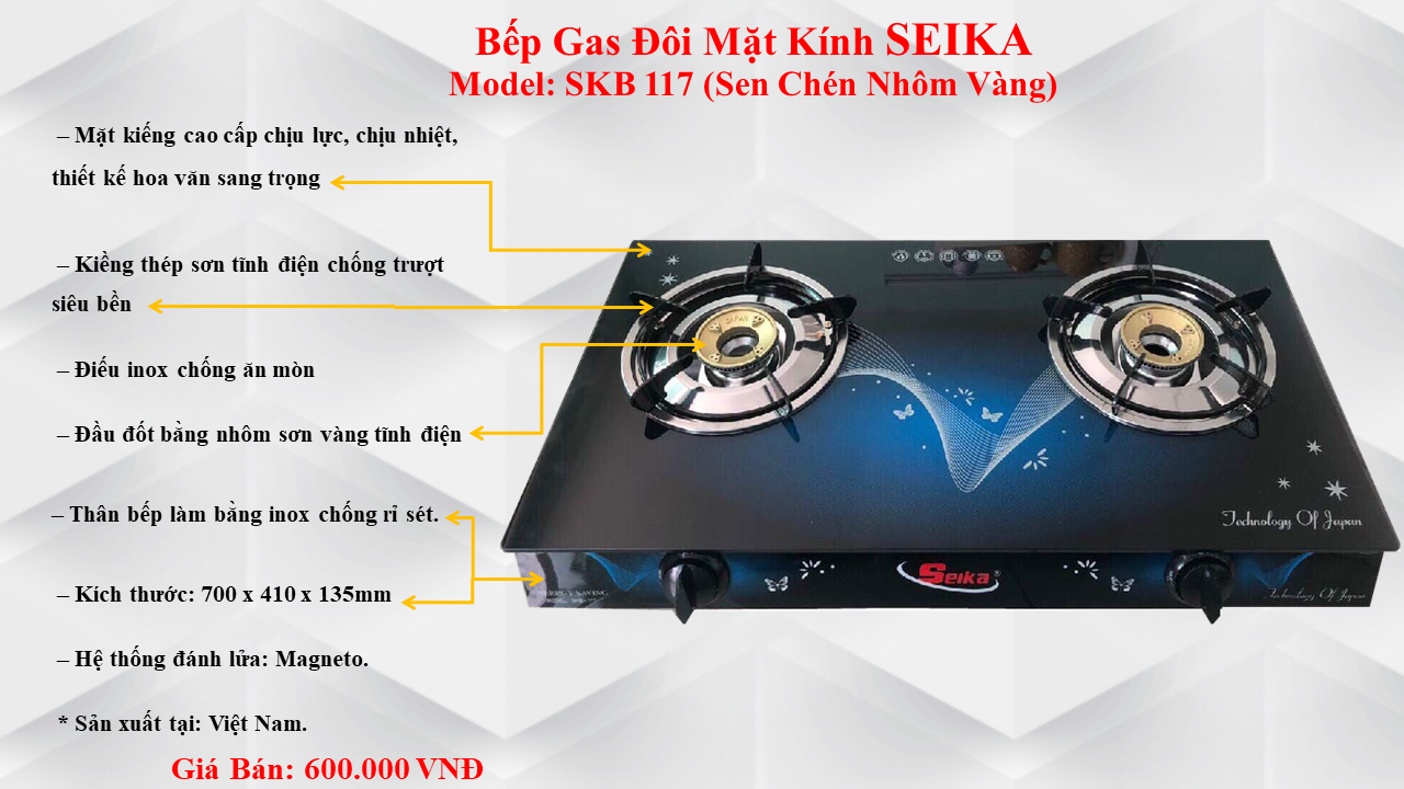 Tặng nước rửa chén Chie! 1.5L khi mua Bếp Gas Đôi Mặt Kính Seika Sen Nhôm SKB117 - Hàng Chính Hãng