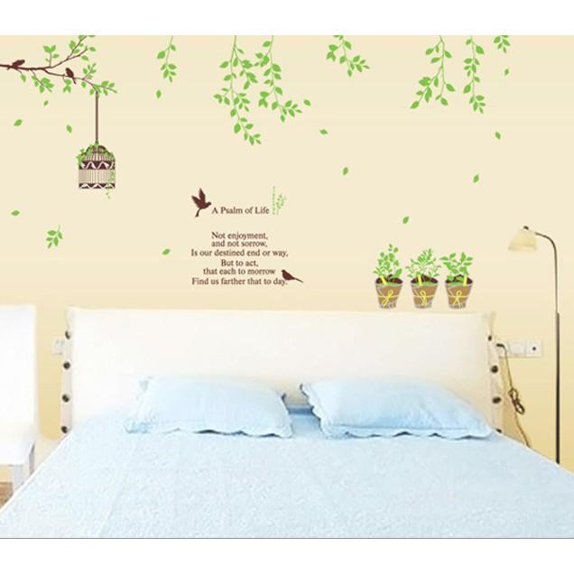 Decal trang trí mẫu cây xanh và lồng chim