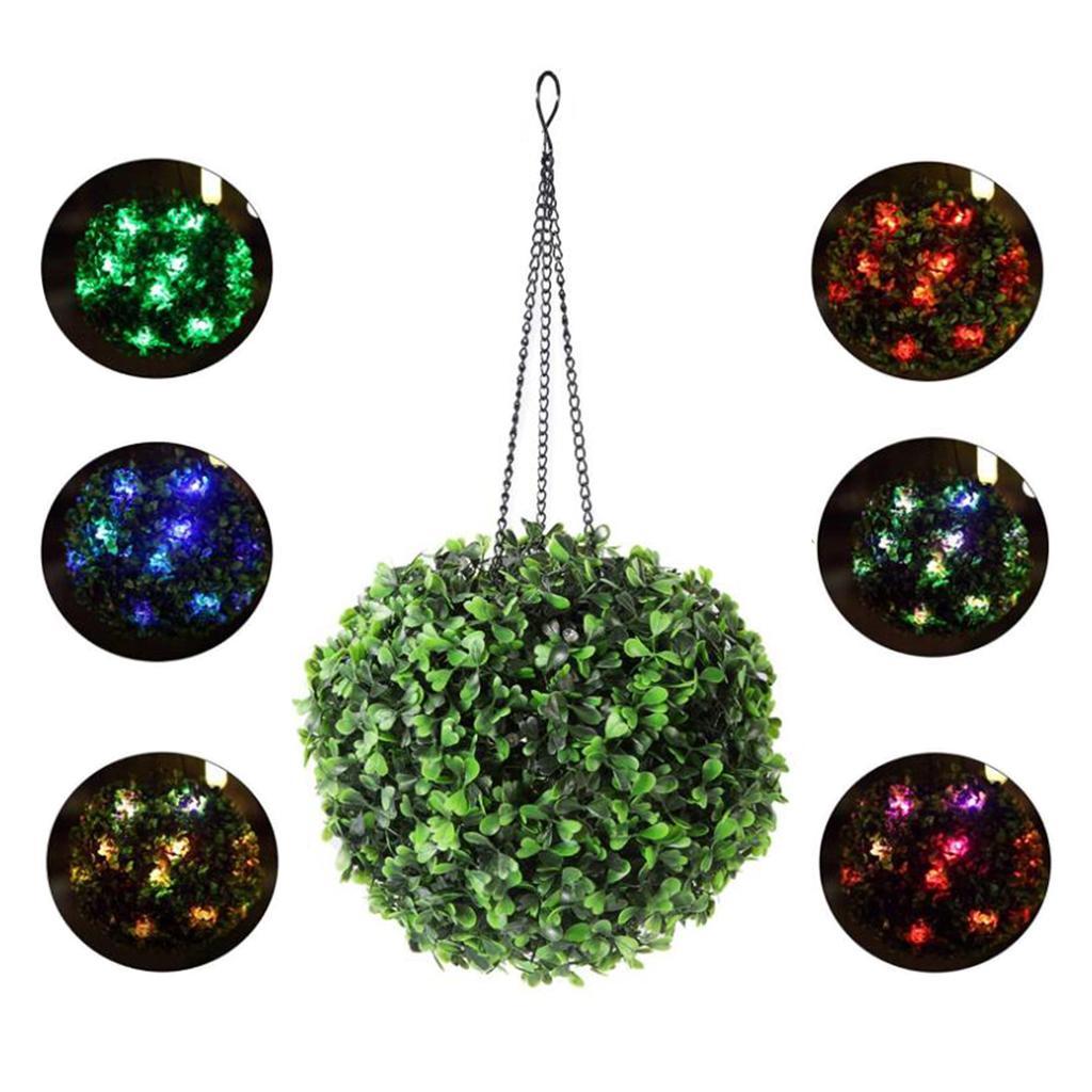 2pcs Solar LED Lantern Outdoor Garden Hanging Lamp Artificial Leaf Topiary Ball