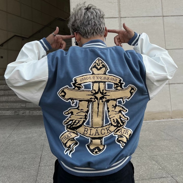 Varsity jacket chữ thập Black made extreme nam nữ 2 lớp , áo khoác bóng chày form rộng unisex , bomber tay da pu - Gin Store