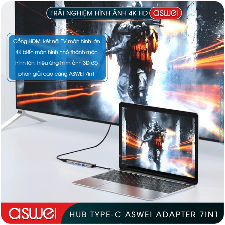 Hub Type C ASWEI 7 in 1 To HDMI, USB 3.0, SD, TF, USB C, PD - Cổng Chia USB, Ổ Chia USB Tốc Độ Cao - Hub Chuyển Đổi USB Type C 7 Cổng Dành Cho Macbook, Laptop, PC, Máy Tính Bảng, Điện Thoại - Hàng Chính Hãng