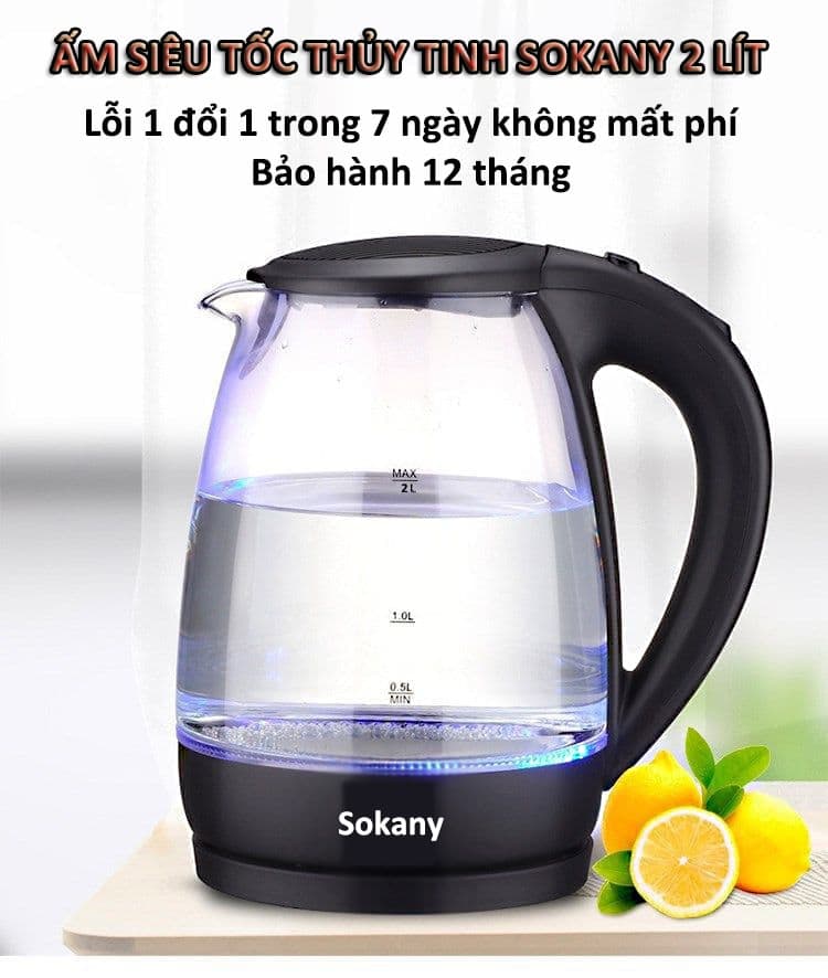 Ấm Đun Siêu Tốc Thủy Tinh SOKANY công suất 2000W - HÀNG CHÍNH HÃNG