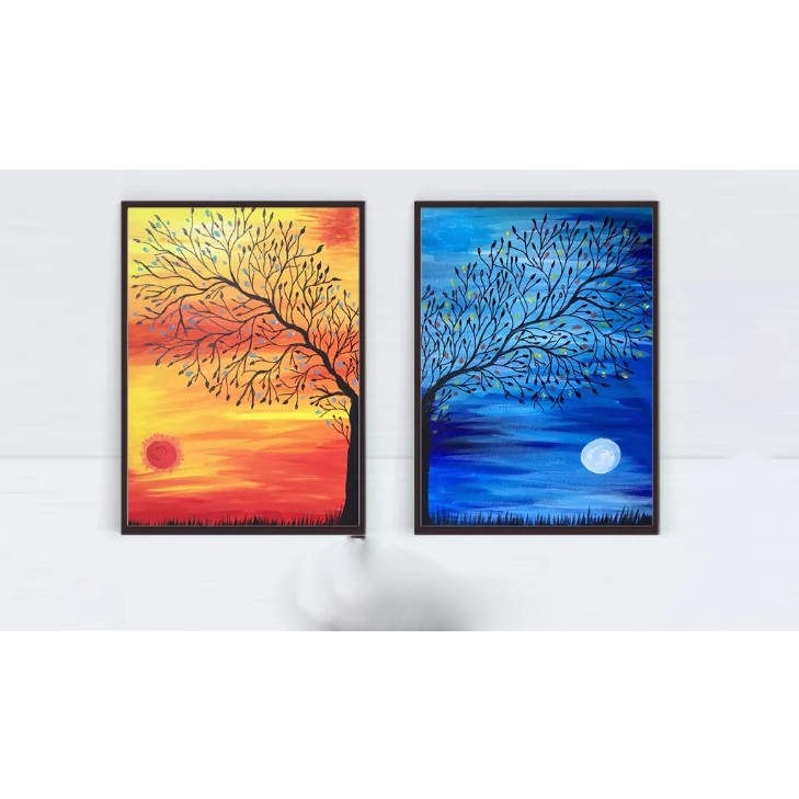 2 tranh canvas cây đỏ, xanh nghệ thuật