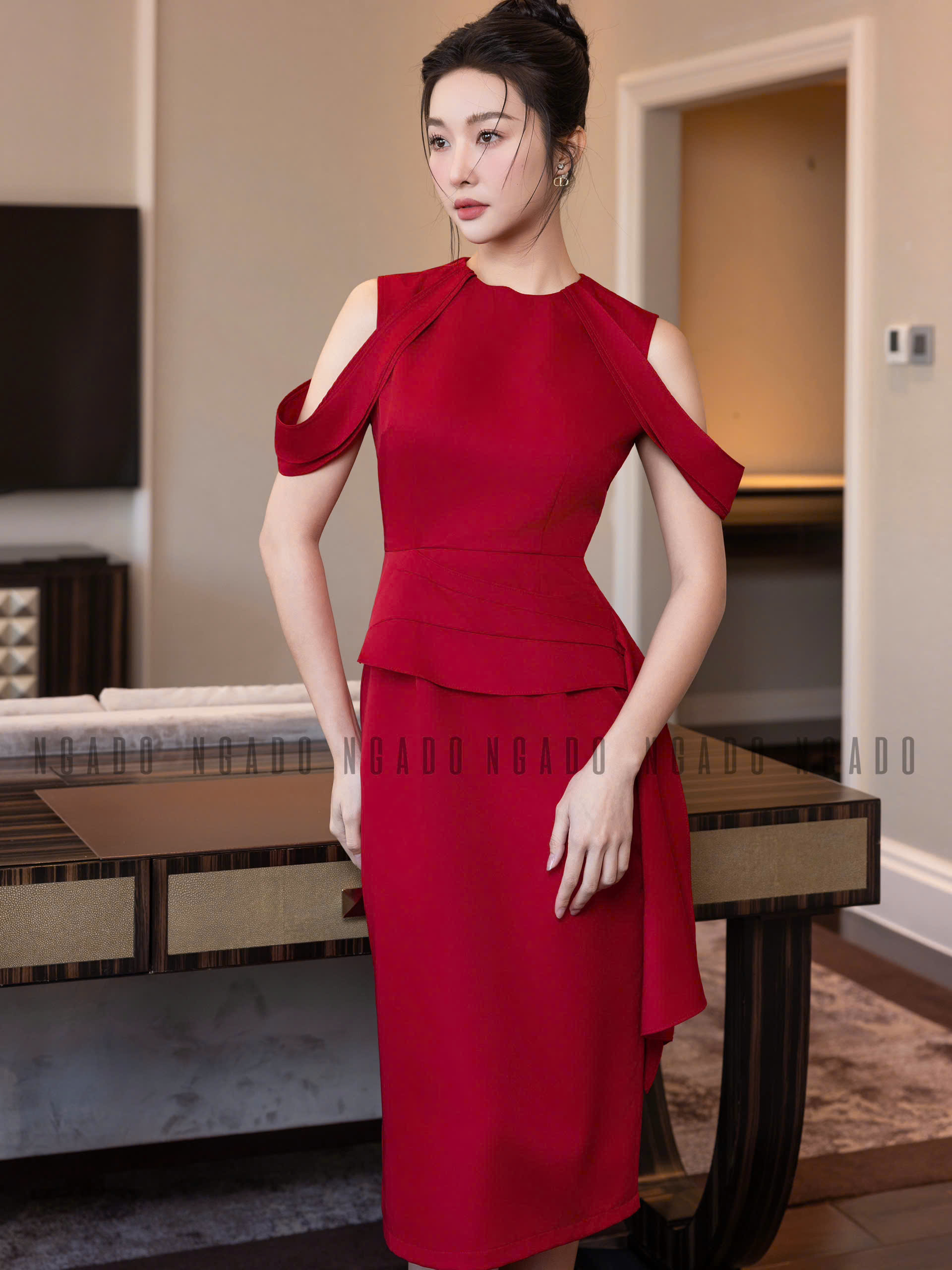 Đầm đỏ tay rơi NGADO , đầm kiểu nữ , đầm dự tiệc , đầm công sở