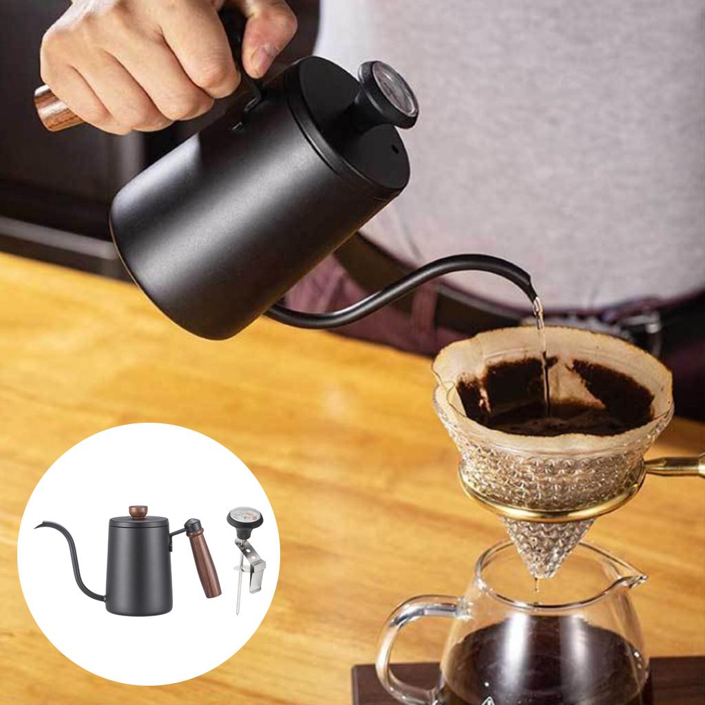 600ml Pour Over Coffee Dripper Kettle Gooseneck Stainless Steel Tea Pot with Wooden Handle for Home Restaurant
