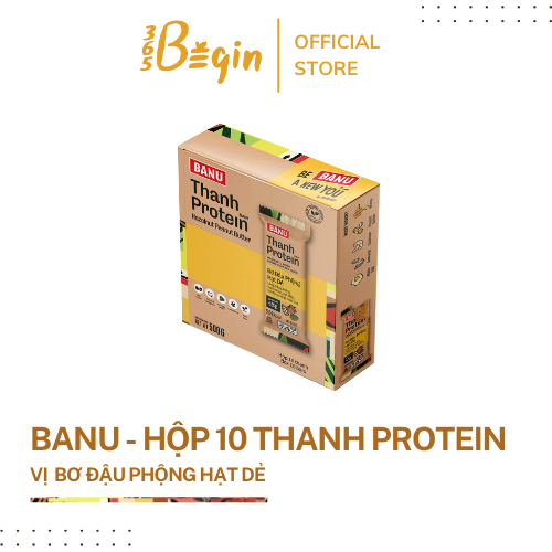 HỘP 10 THANH NĂNG LƯỢNG PROTEIN TỰ NHIÊN BANU BƠ ĐẬU PHỘNG HẠT DẺ DÀNH CHO NGƯỜI TẬP THỂ THAO, NGƯỜI BẬN RỘN