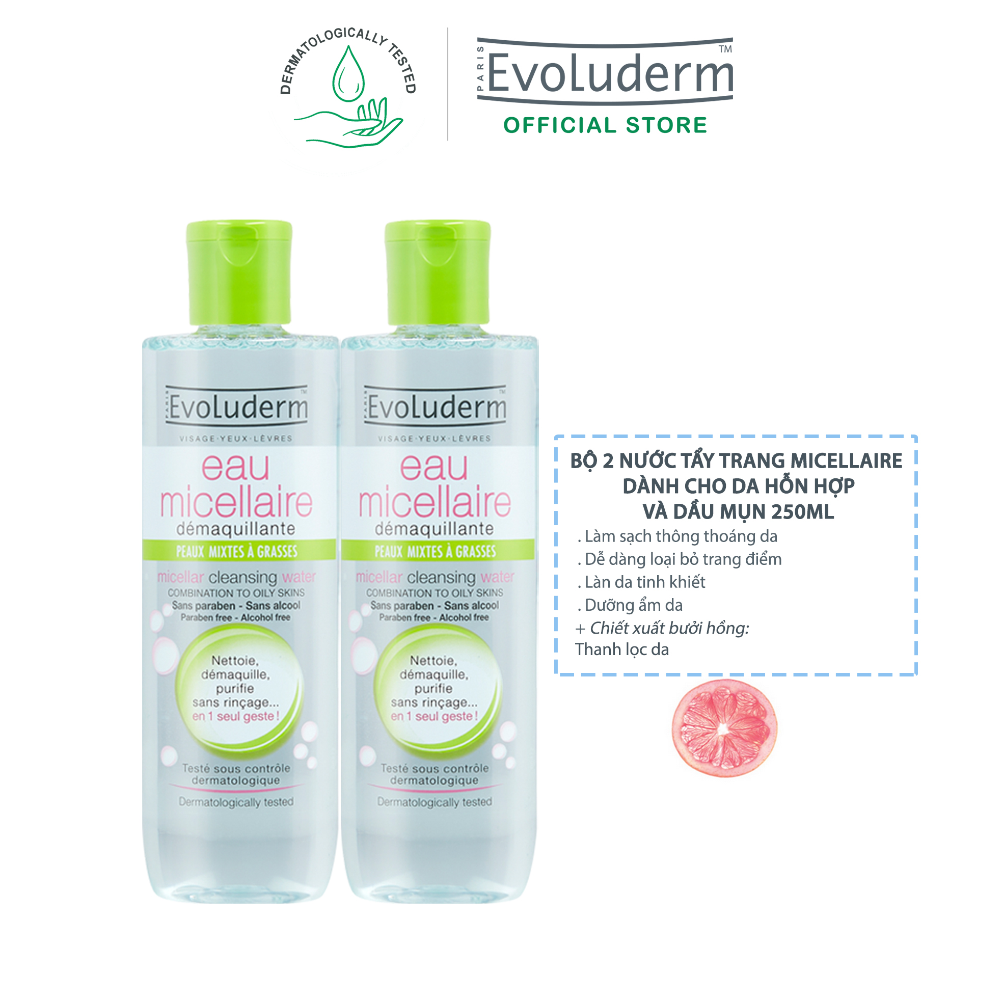 Bộ 2 Nước tẩy trang Evoluderm Micellaire chiết xuất bưởi hồng dành cho da hỗn hợp và dầu mụn 250ml