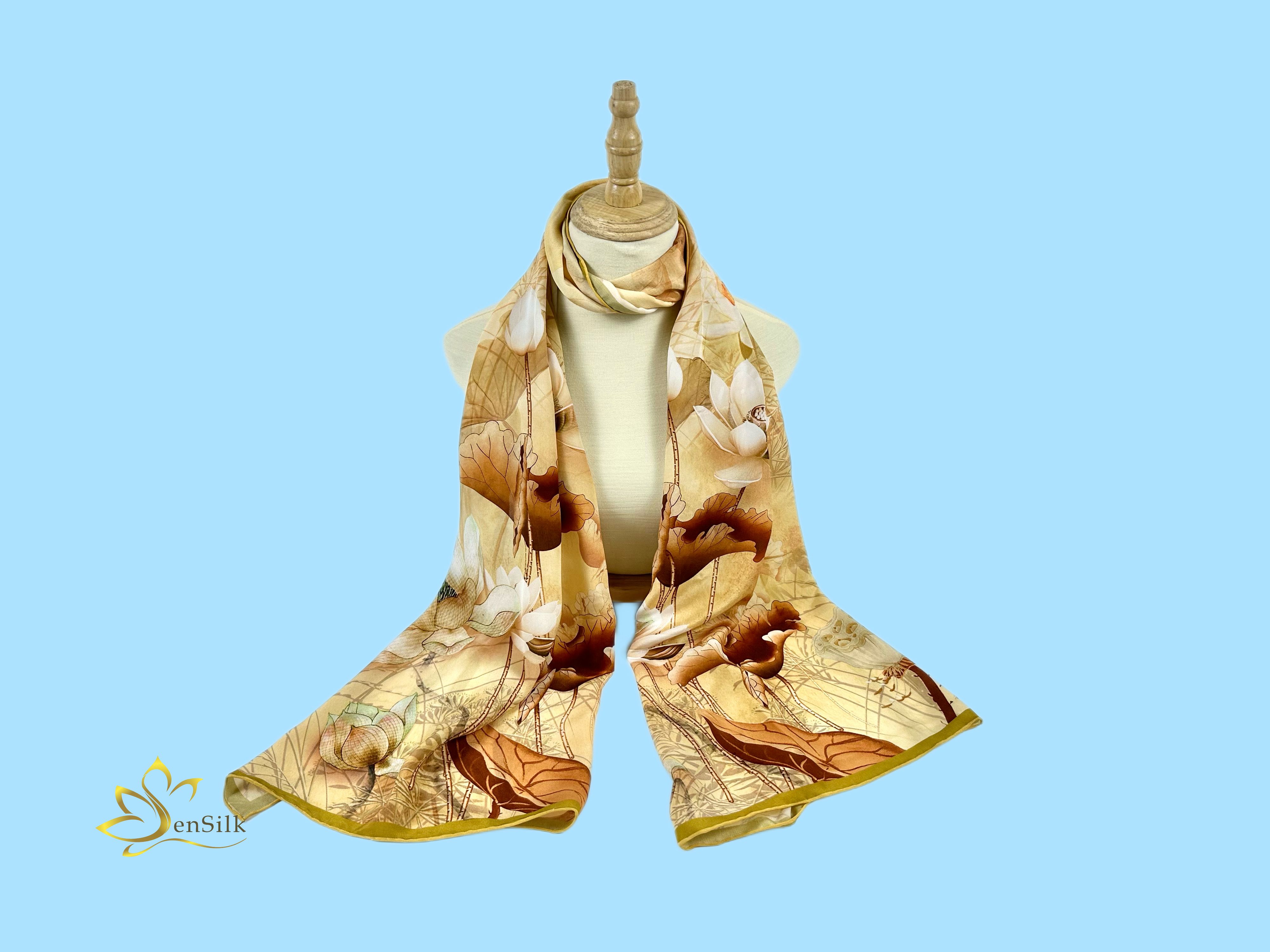 100% Silk Print Scarf - Khăn Lụa Tơ Tằm in White Lotus - Quà Tặng Cao Cấp SenSilk KLDI03 180x55cm