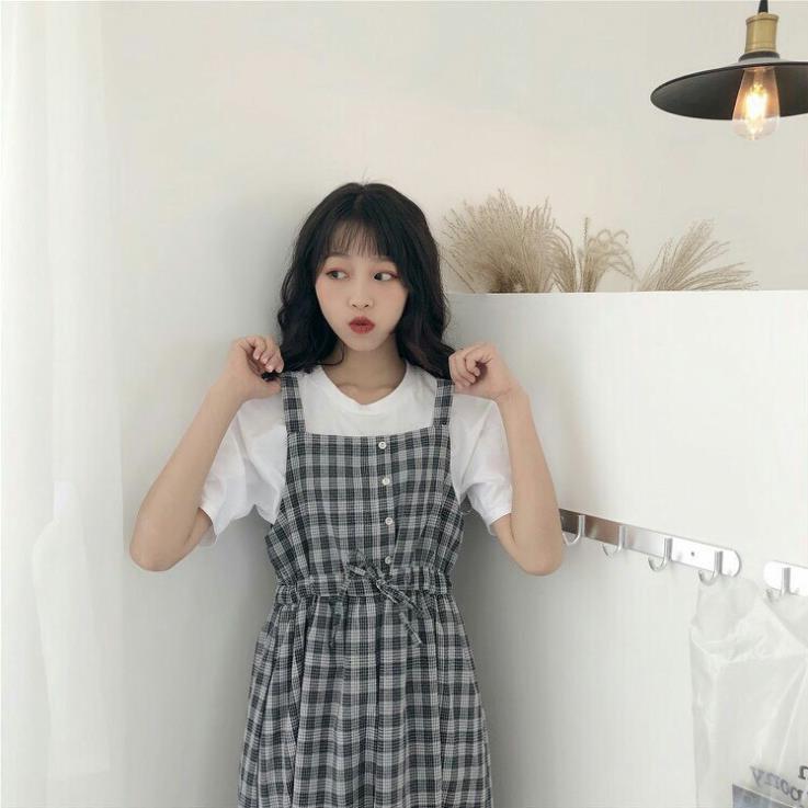 Váy yếm kẻ caro 2 dây chun eo nhẹ nhàng dáng dài ! *