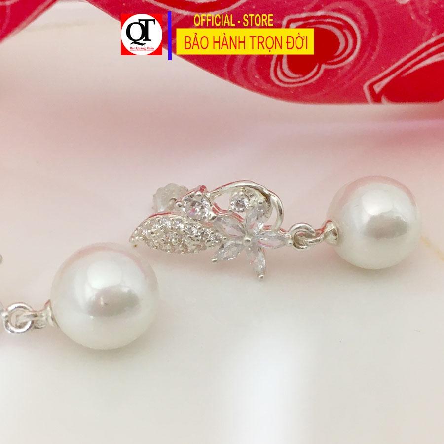 Khuyên tai nữ ngọc giáng dài chốt đeo sát tai gắn đá cao cấp trang sức Bạc Quang Thản - QTBT.CT112