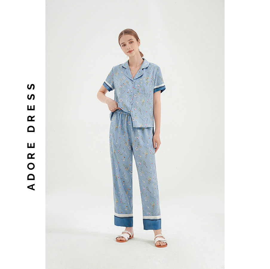 Pijamas tay cộc quần dài lụa blue in hoa phối gấu quần 313HO1002 ADORE DRESS