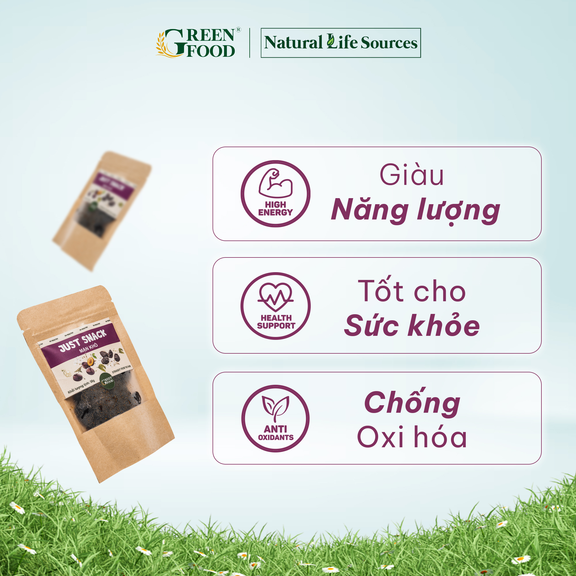 Mận khô tự nhiên Just Snack không hạt | Túi giấy 50g - nhập khẩu trực tiếp từ Chile