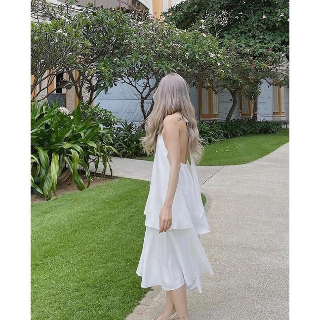 Váy Đầm Maxi Cổ Yếm 2 Tầng Hở Lưng Màu Trắng Mặc Đi Biển Xinh