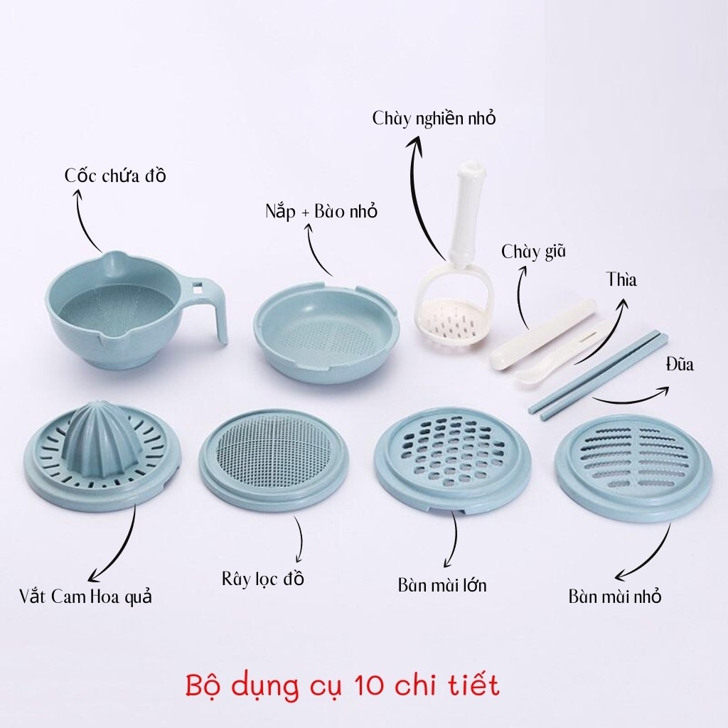 Bộ dụng cụ chế biến ăn dặm kiểu Nhật 10 chi tiết- Chất liệu Lúa Mạch cao cấp an toàn cho bé