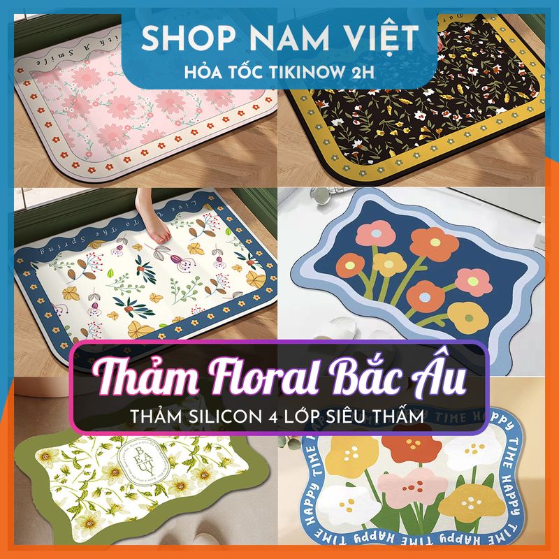 Thảm Chùi Chân 4 Lớp Siêu Thấm Hút, Họa Tiết Floral Bắc Âu - Chính Hãng NAVIVU