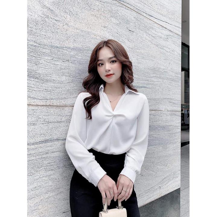 Áo sơ mi trắng dài tay, thiết kế xoắn ngực siêu xinh AM 10