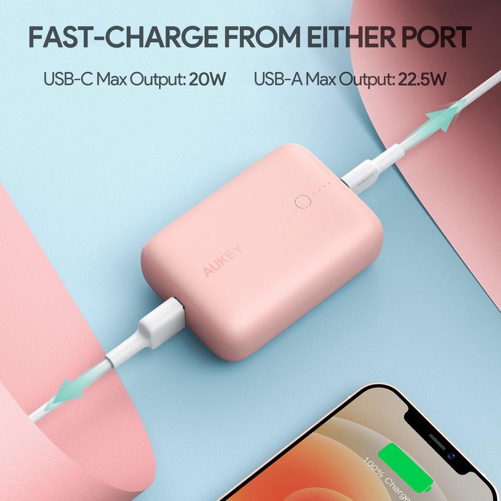 Pin Sạc Dự Phòng AUKEY Basix Mini PB-N83S (Màu Hồng)10.000mAh Sạc Nhanh PD 20W và Quick Charge 3.0 18W - Hàng Chính Hãng