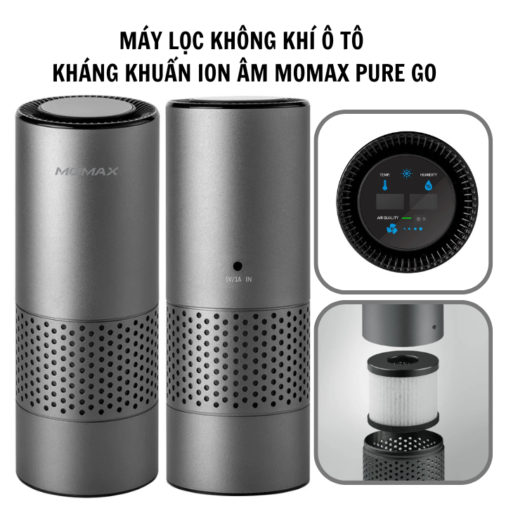 Máy lọc không khí ô tô kháng khuấn Ion âm Sothing Momax Pure Go, Bộ lọc Hepa H11 carbon hoạt tính- Hàng Chính Hãng