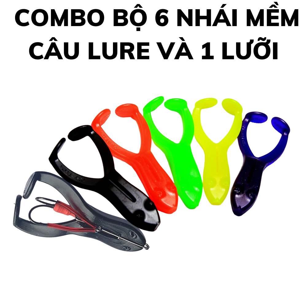 Combo bộ 6 nhái mềm câu lure và 1 lưỡi câu RIBBIT fimax, mồi mềm câu lure cá lóc bông đồng cá quả cá sộp với lưỡi câu chống vướng