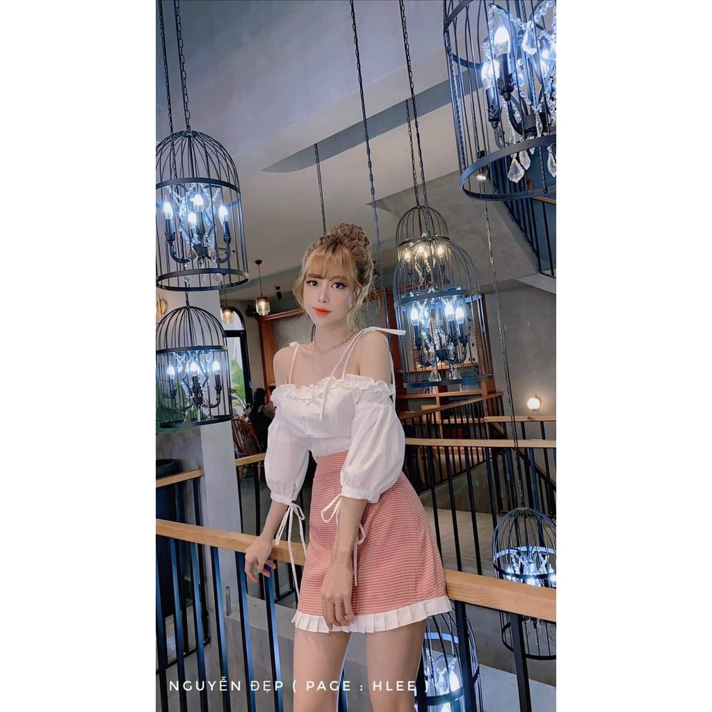 TSL-Set bộ đồ nữ áo trễ vai tay dài (có mút) kèm chân váy caro dáng xòe thời trang nữ dạo phố, dự tiệc