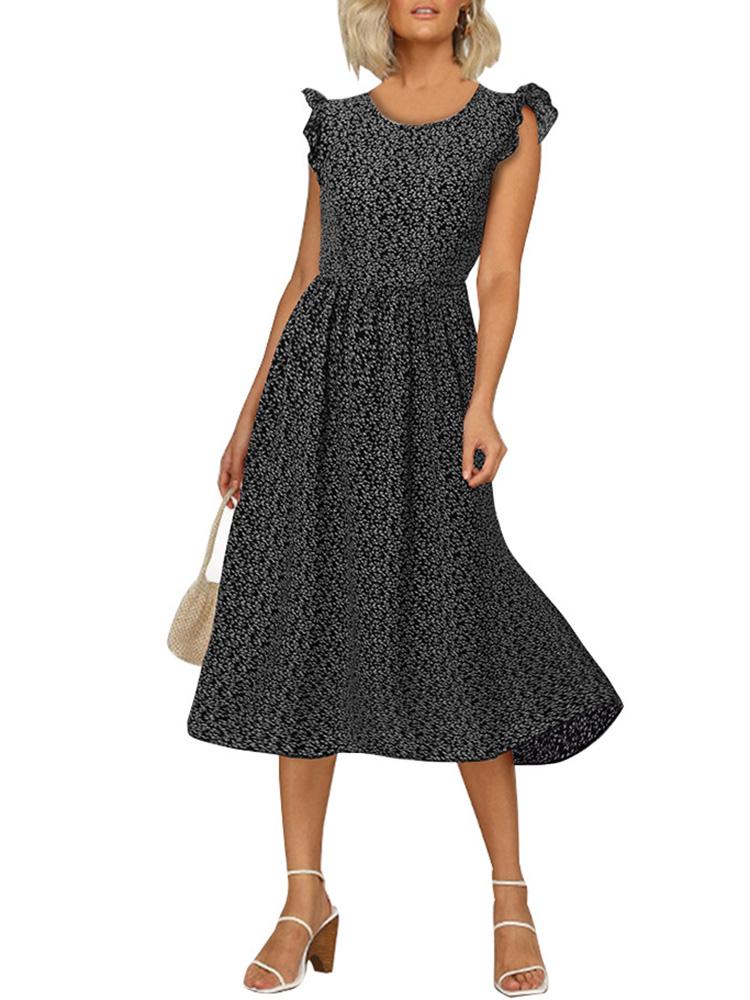Fashion Women Floral Print Dress Ruffles Cap Sleeves Elastic Back Bohemian Holiday Beach Dress Casual Midi Dress