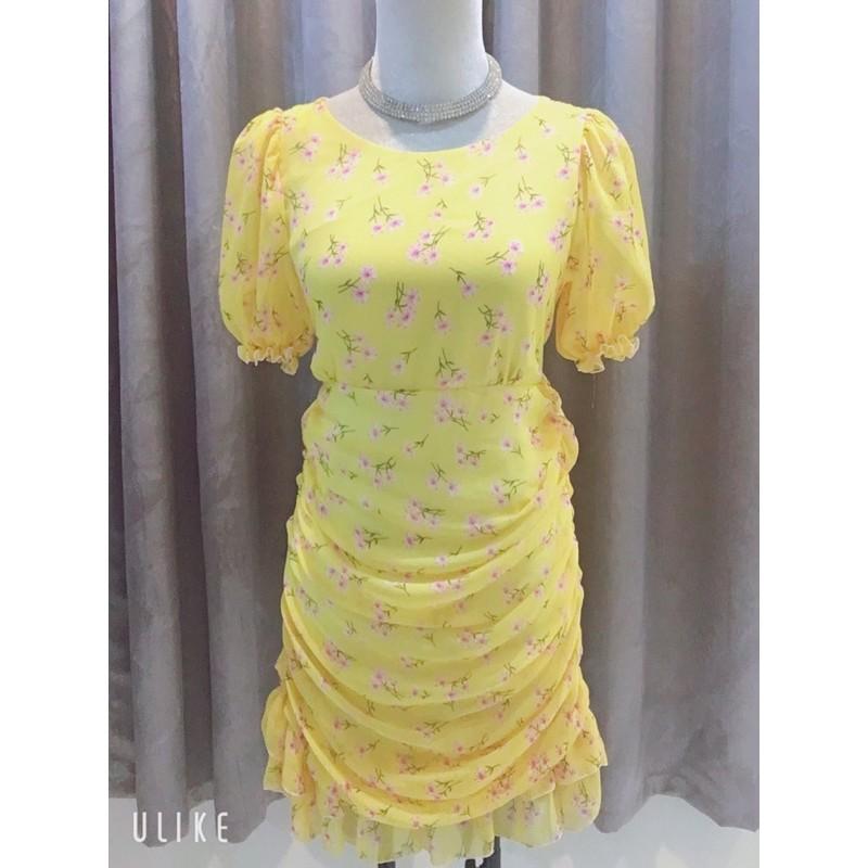 Đầm voan hoa nhí cổ tròn,body rút dây 2 bên