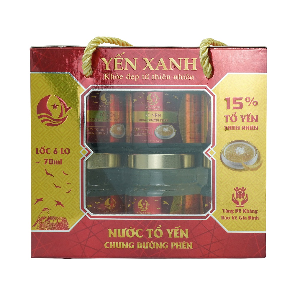 Nước tổ yến sào chưng đường phèn - YẾN XANH (15% tổ yến) - Lốc 6 lọ x 70ml có quai xách