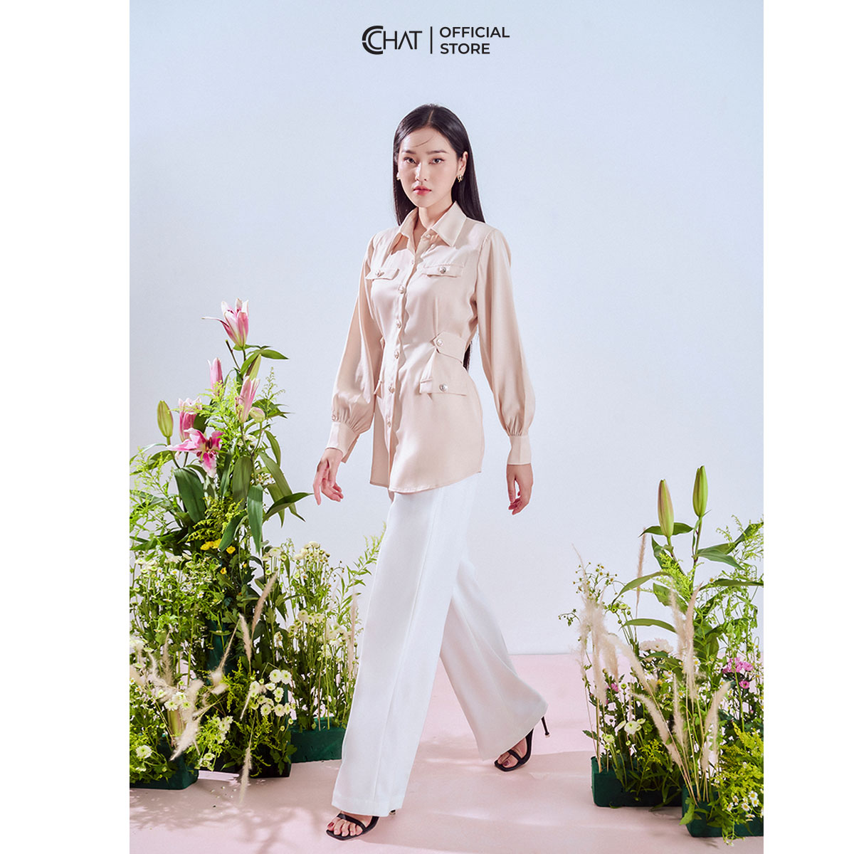 Áo Sơ Mi Nữ Cchat Giả Váy 4 Nắp Túi Chất Lụa Cao Cấp Phong Cách Trẻ Trung 12FDL2052ST